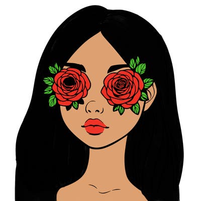a realistic girl with roses for eyes