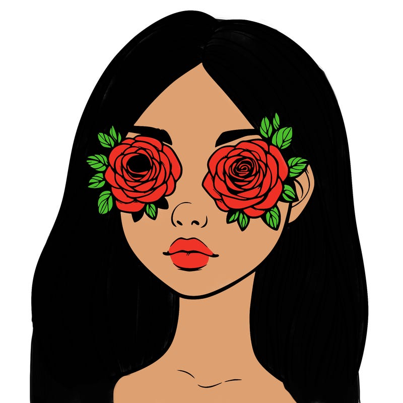 a realistic girl with roses for eyes