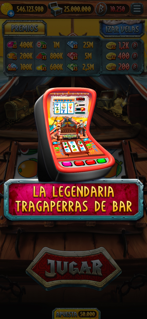 3D model of a classic Spanish bar-style slot machine with a Viking theme and play button