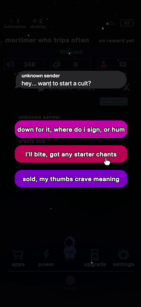 cozy cult - A screenshot from the mobile game Cozy Cult showing an in-game text message asking the player to start a cult with three satirical response options.