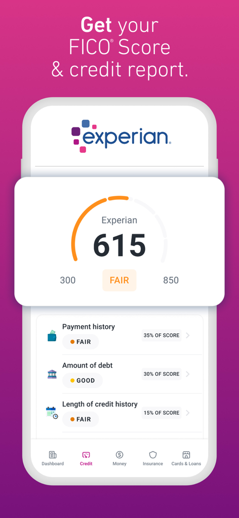 Experian app dashboard displaying a FICO score of 615 with credit report factors like payment history and debt amount