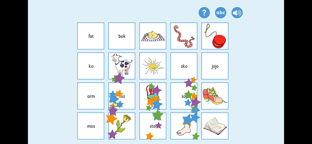 ABC-klubben: ABC-memo - Pantalla de juego de memoria educativa emparejando palabras suecas con las ilustraciones correspondientes
