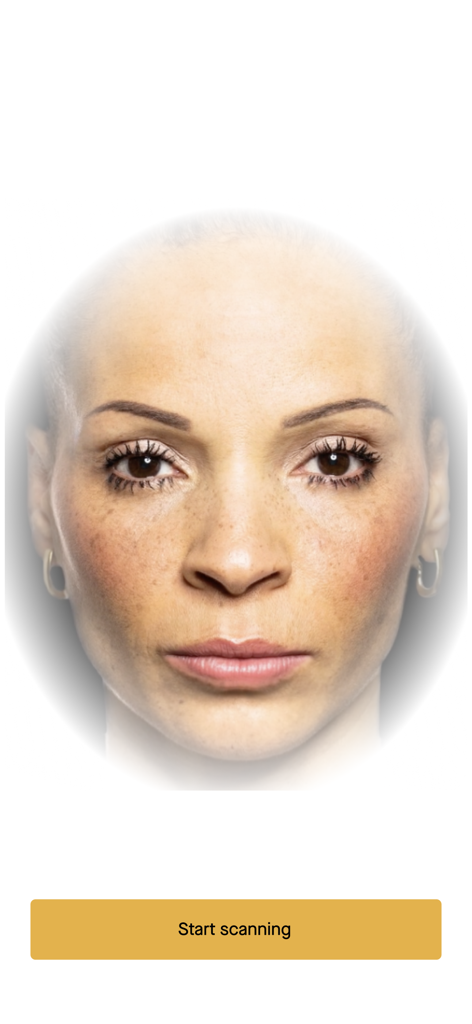 A woman's face centered in the AEDIT app interface on the start scanning screen for AI facial analysis.