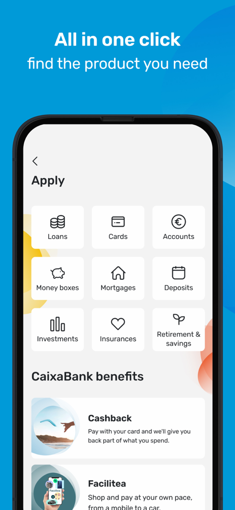 CaixaBankNow: Online banking - Interface do aplicativo CaixaBankNow mostrando vários produtos financeiros, como empréstimos, hipotecas e investimentos em um só lugar.