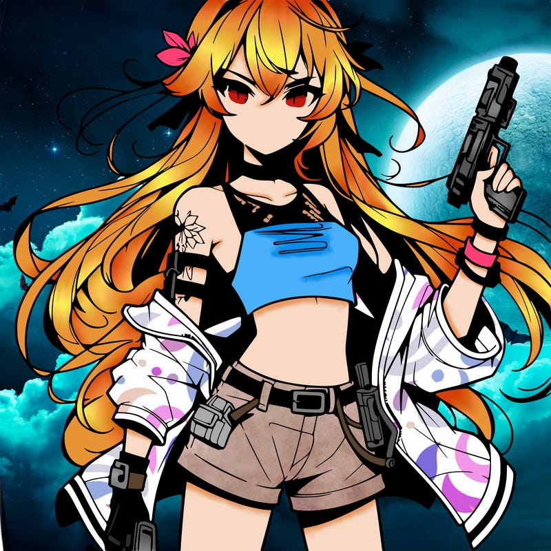 bad girl wearing crop top holding a gun long hair anime