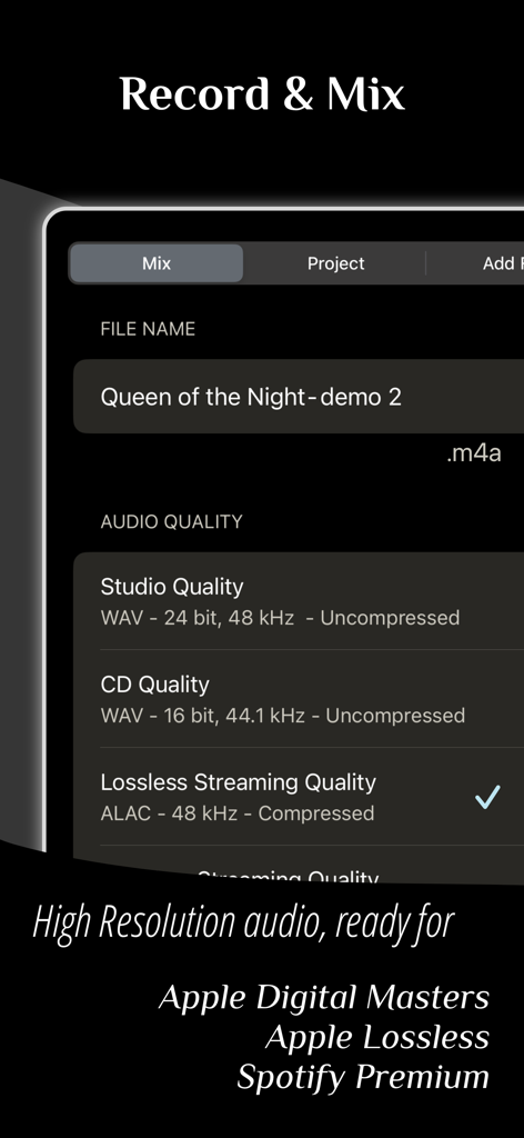 StudioMini - Music Recorder - StudioMini app interface displaying high resolution audio recording and mixing settings