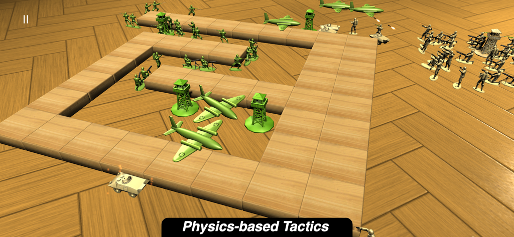 Army Men Battle Simulator - Green toy soldiers and planes defending a wooden block fortress on a wooden floor