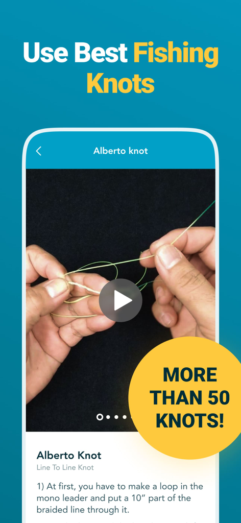 Fishbox - Smart Fishing App - Fishbox app interface showing a step by step tutorial for tying an Alberto fishing knot with video and instructions