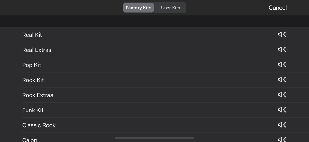 List of professionally sampled factory drum kits including Rock Pop and Funk in Rhythm Pad Pro