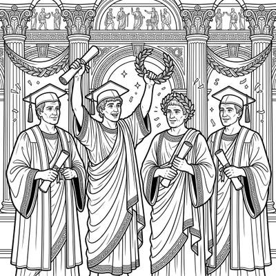 Journey to ancient Rome for a unique celebration: the graduation day of esteemed Roman Senators! This intricate coloring page beautifully blends historical attire with academic achievement, perfect for a creative escape.