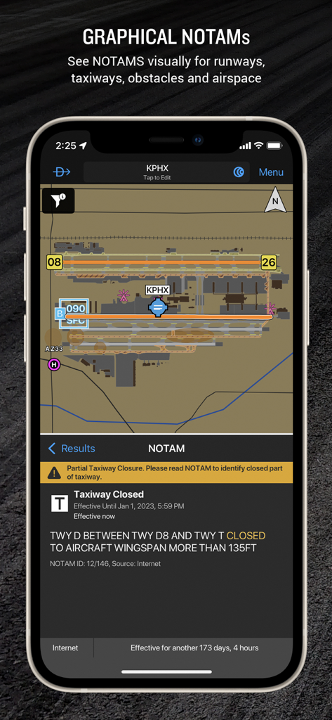 NOTAMs gráficos do Garmin Pilot mostrando fechamentos de pistas no aeroporto KPHX