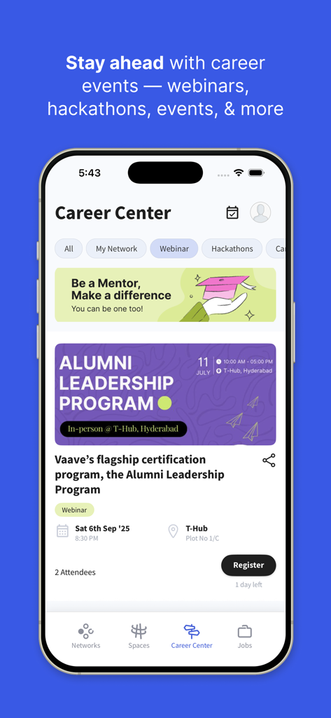 My Alumni Network - A mobile app screen showing the Career Center of the My Alumni Network app with listings for career webinars and leadership programs.
