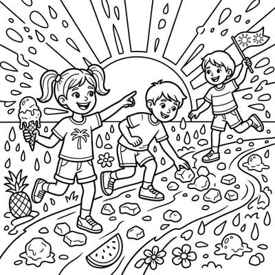 Join these excited kids as they turn an unexpected hailstreak into a fun summer playday. This vibrant coloring page captures the joy of discovery and outdoor adventure, perfect for young imaginations.
