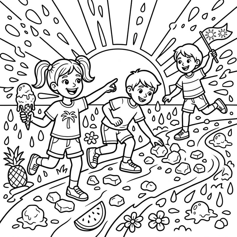 Join these excited kids as they turn an unexpected hailstreak into a fun summer playday. This vibrant coloring page captures the joy of discovery and outdoor adventure, perfect for young imaginations.