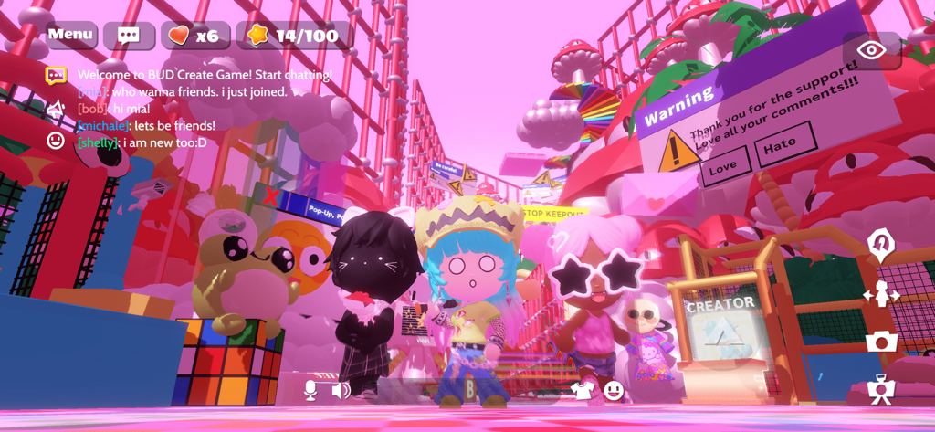 Avatares 3D personalizados socializando em um mundo virtual colorido no BUD