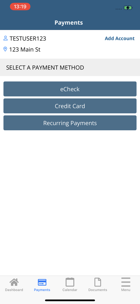 Tela de seleção de método de pagamento no aplicativo DTA Community Management mostrando opções para eCheck, cartão de crédito e pagamentos recorrentes