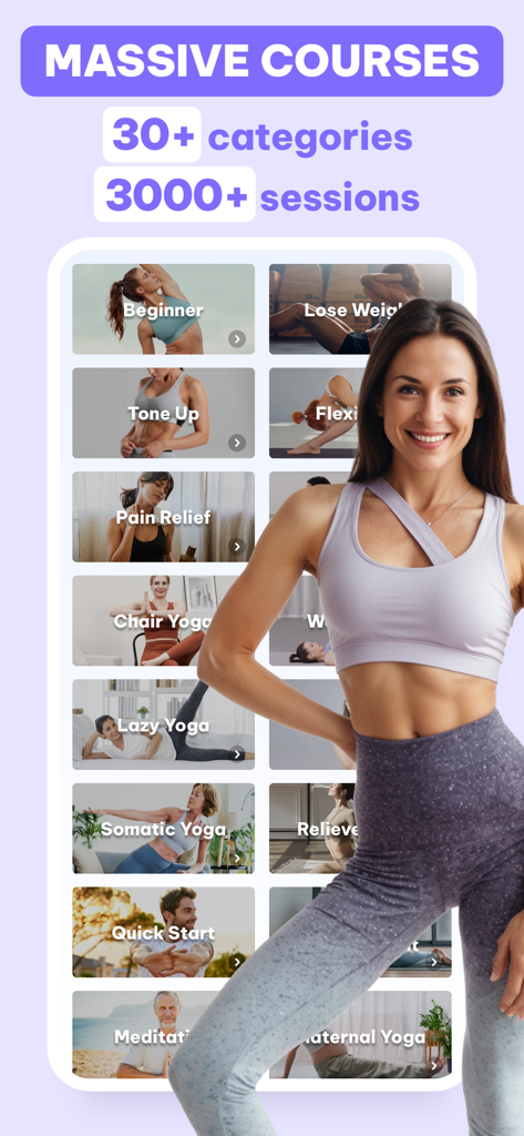 ウォールピラティスやチェアヨガを含む30以上のフィットネスカテゴリを表示するDaily Yogaアプリのインターフェース