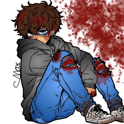 a male hoddie ripped jeans messy hair anime