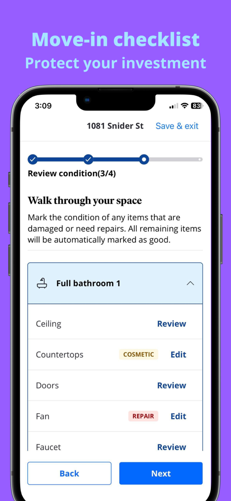 Schermata dello smartphone che mostra la checklist per il trasloco di Zillow Rental Manager per documentare le condizioni della proprietà