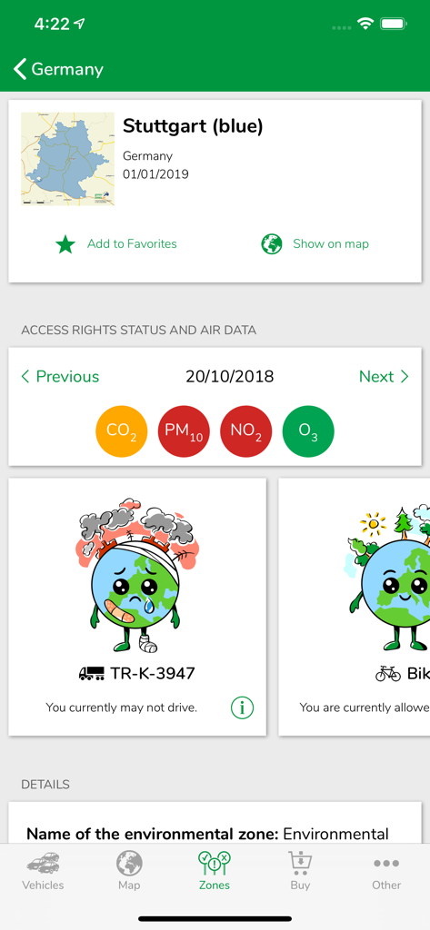 Interface of Green-Zones app displaying driving permissions and air quality levels for Stuttgart Germany