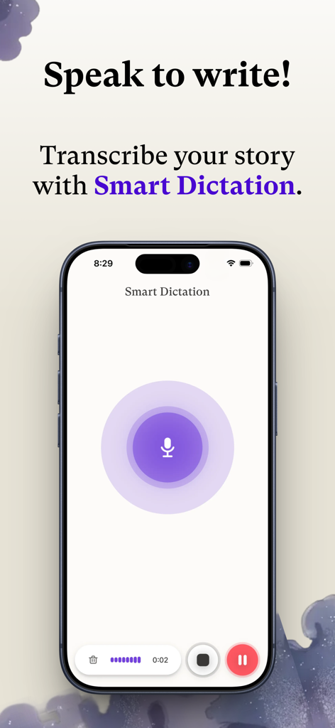 iPhone screen displaying the Sudowrite Smart Dictation interface for voice-to-text novel writing.
