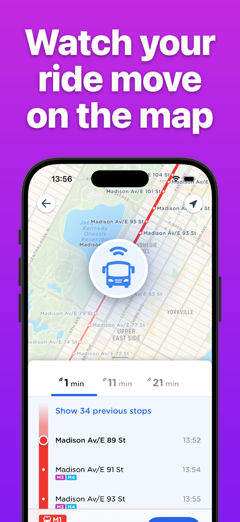 Momego: Bus & Transit Tracker - A smartphone screen displaying the Momego app live bus tracking feature on a city map with upcoming stop times.
