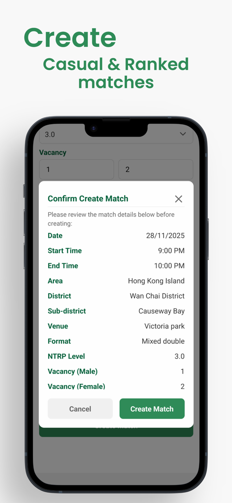 TennisGO HK - Una pantalla móvil que muestra la confirmación de creación de partido en la app TennisGO HK con detalles como ubicación, hora y nivel NTRP.