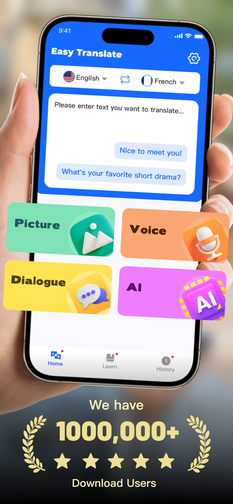 Easy Translate AI mobile app interface showing text voice and picture translation options