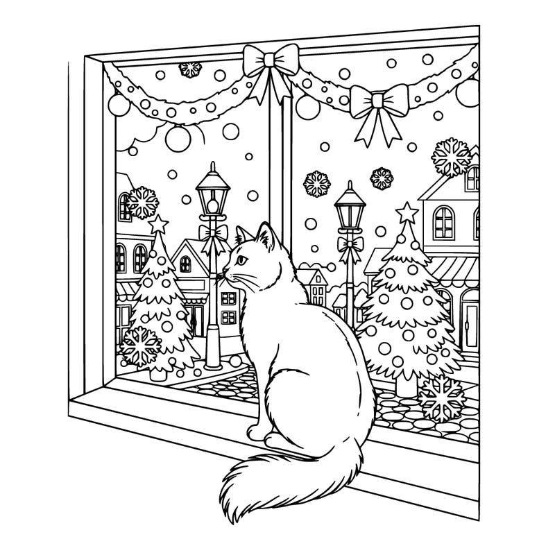 a cat watching through the window as the snow falls on the christmas decorations in the street