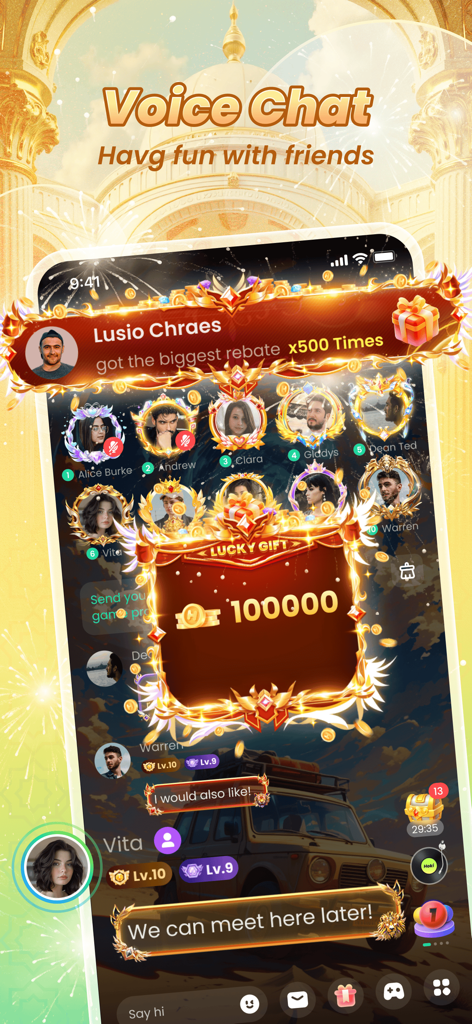 HoKi-Linking Happiness - Interface de chat vocal de groupe de l'application HoKi avec des avatars d'utilisateurs et une notification de cadeau chanceux