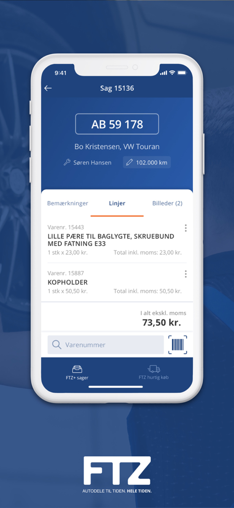 FTZ - Interface of the FTZ app showing a parts list and pricing for a vehicle repair job