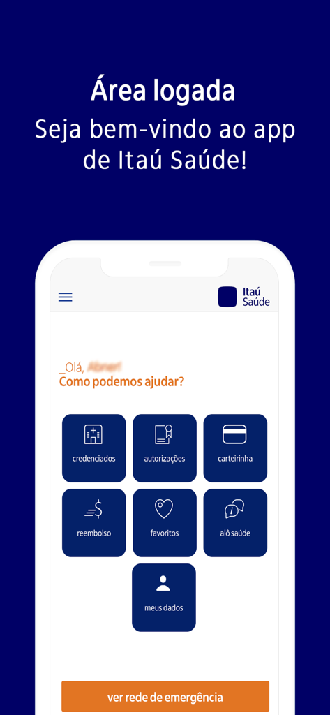 Itaú Saúde - Painel do aplicativo móvel Itau Saude mostrando opções de menu para serviços de saúde como reembolso e carteirinha digital