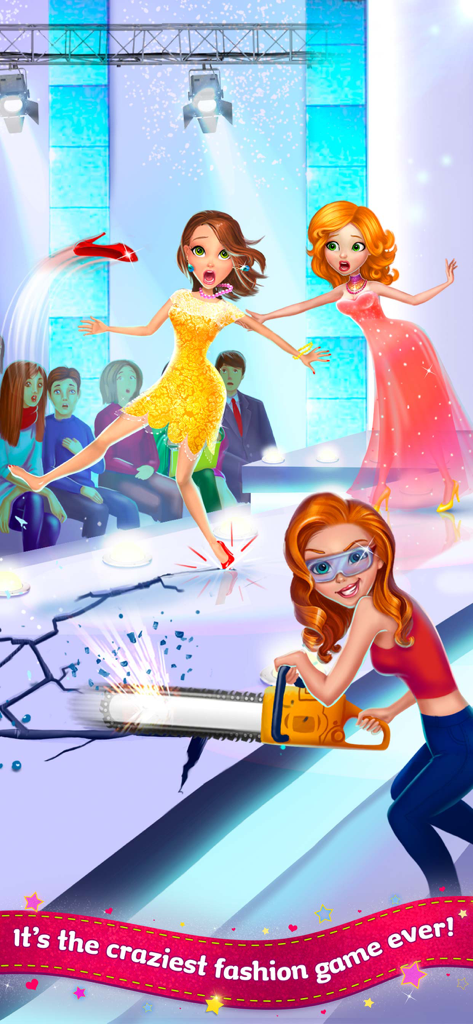 A fashion model tripping on a catwalk being sabotaged with a chainsaw