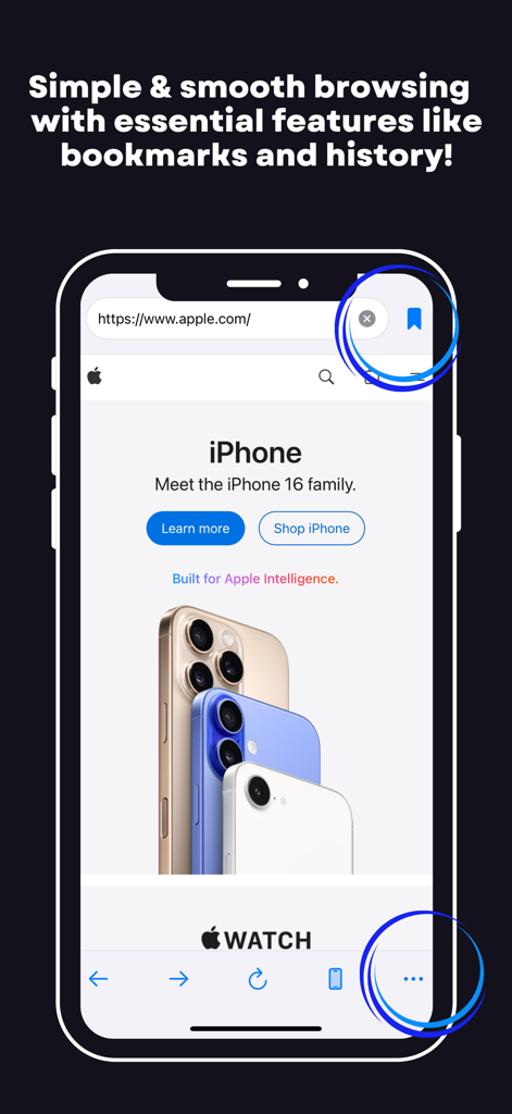 UserAgent Switcher - UserAgent Switcher app interface on iPhone showing the Apple website with bookmarks and history features highlighted