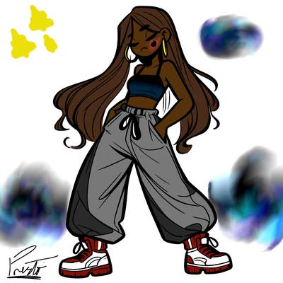 girl in baggy pants crop top and long hair