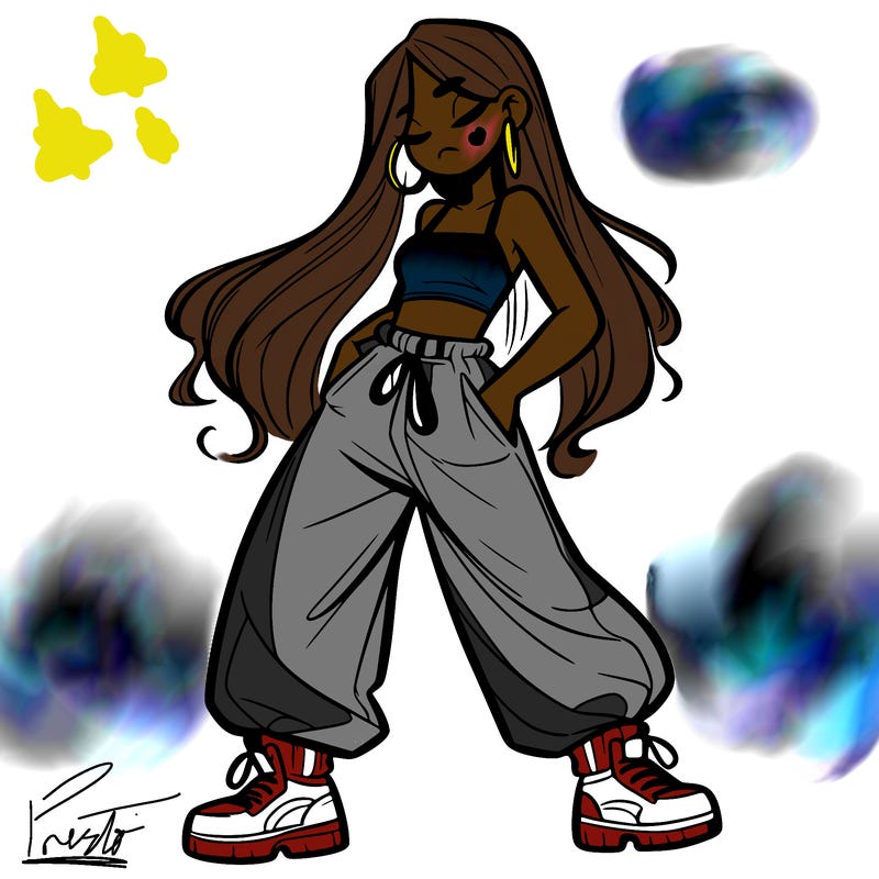 girl in baggy pants crop top and long hair