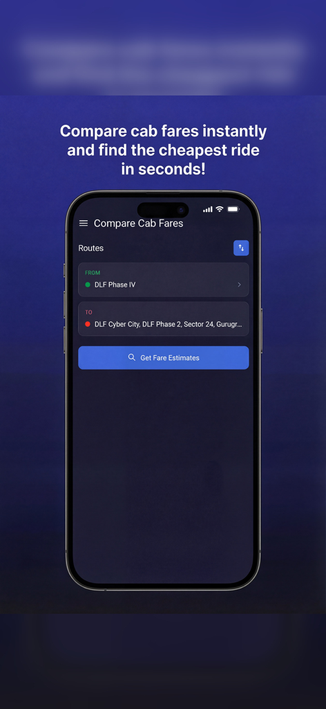 Comparify: Cabs & Groceries - Mobile interface of the Comparify app showing the route entry screen to compare cab fares between locations