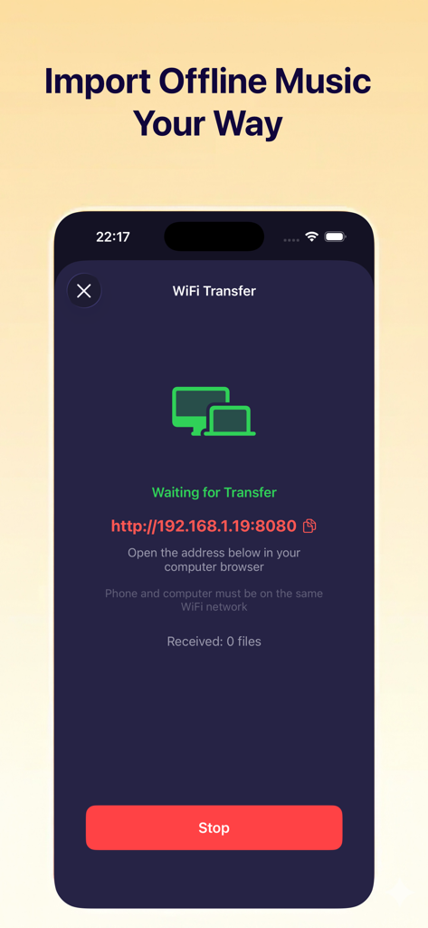 Interfaccia dell'app Musify che mostra la funzione di trasferimento Wi-Fi per importare musica offline da un computer