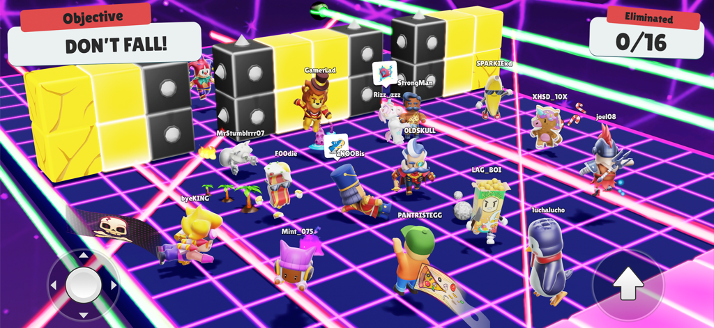 Stumble Guys - Plusieurs joueurs dans divers skins évitant des lasers sur une plateforme de grille néon dans Stumble Guys
