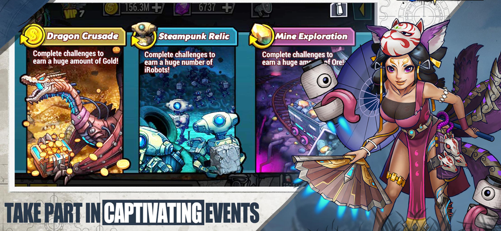 Clone Evolution: Cyber War - Clone Evolution game screenshot showing various special events like Dragon Crusade and Steampunk Relic alongside a fox-masked character