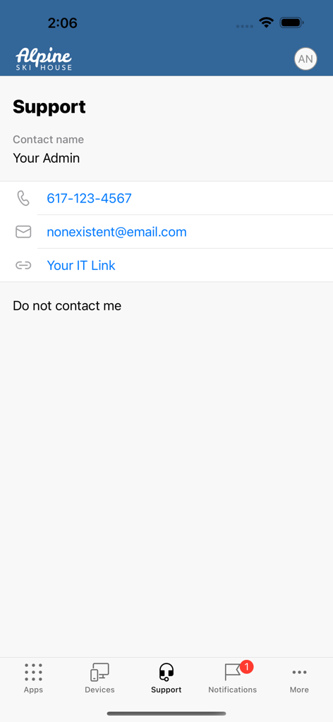 Tela de suporte do Intune Company Portal exibindo informações de contato do administrador de TI