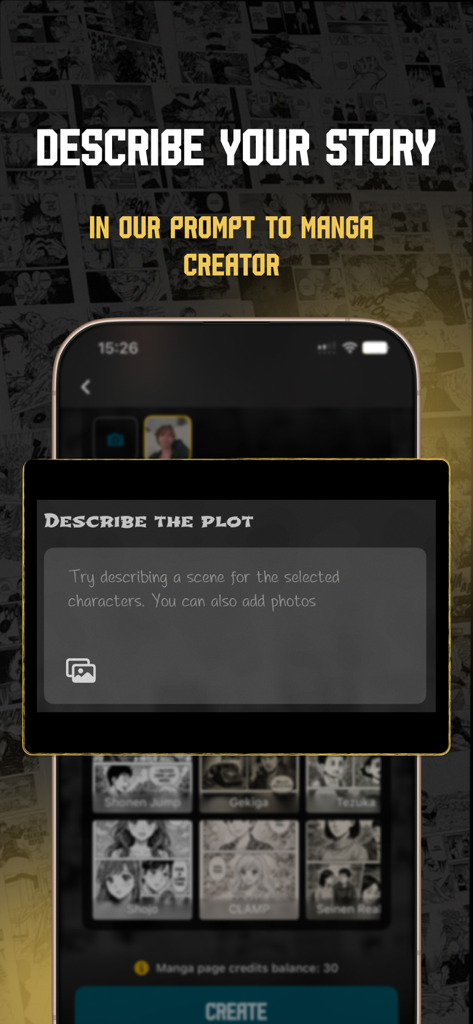 Turn Life into Manga: MangaMe - MangaMe app interface showing a text field to describe a story plot and a selection of manga art styles like Shonen Jump and Shojo.