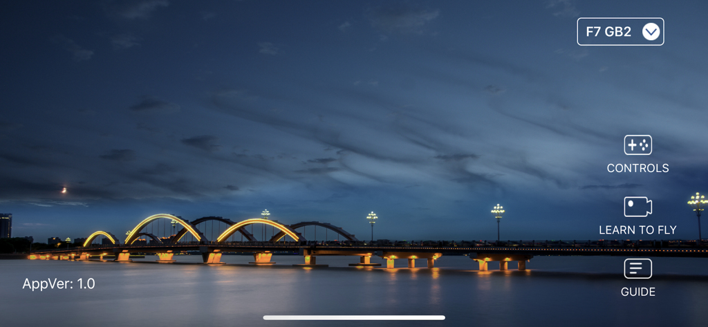 Bwine Drone - Main interface of the Bwine Drone app featuring menu options for controls and flight tutorials over a night bridge landscape.
