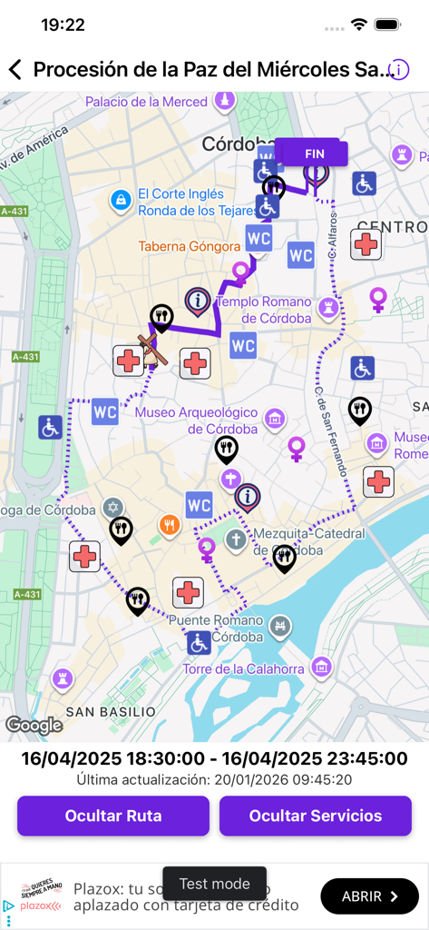 LiveMap - LiveMap interface showing an event route and local service locations on a city map