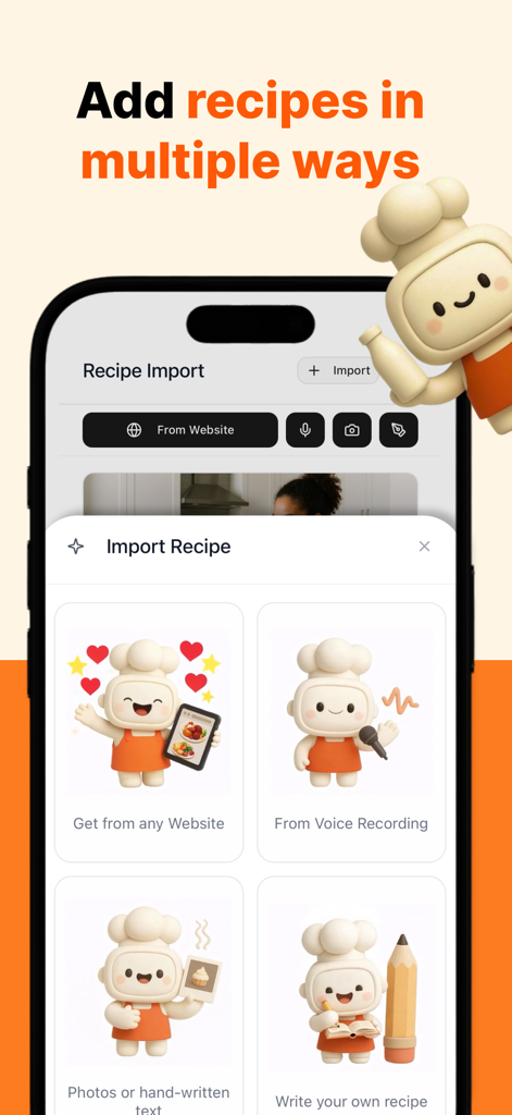 CookBook Recipe & Meal Planner - Interface showing multiple ways to add recipes to the CookBook app including website import voice recording and photo scanning