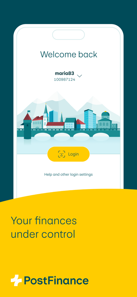 PostFinance mobile app login screen with welcome message and Face ID login button
