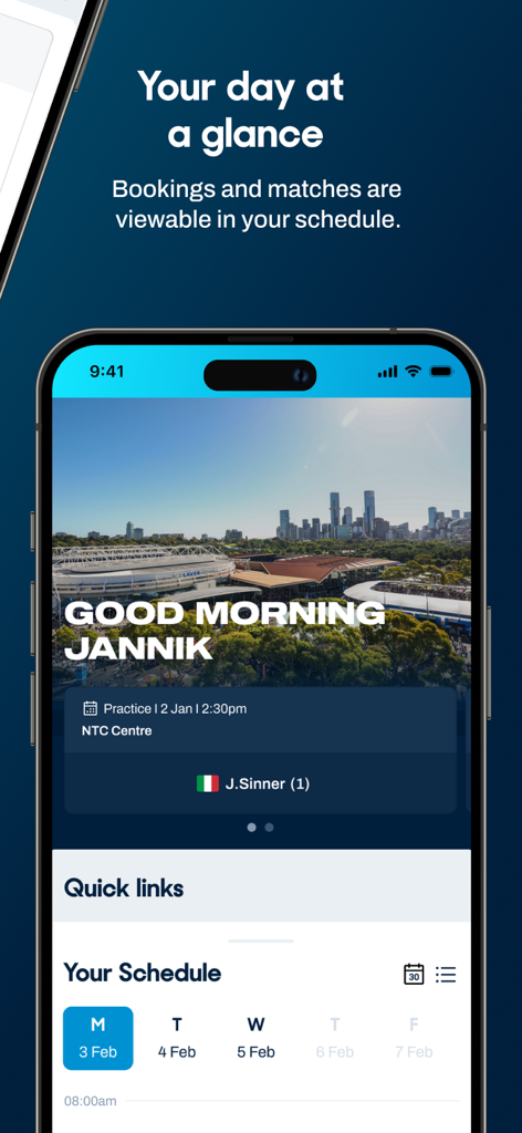 Dashboard of the AO Player app showing a personalized daily schedule for professional tennis players.