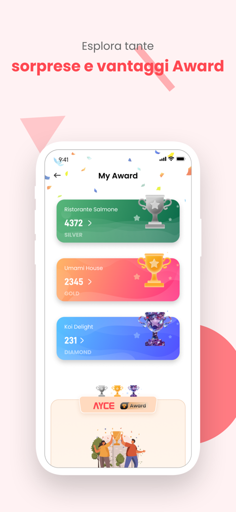 Uno schermo dall'app sushi AYCE che mostra premi del ristorante e punti fedeltà per diversi locali