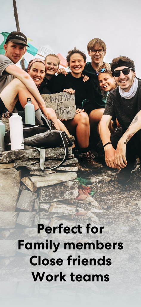 HeyPal - Walkie Talkie Pro - A happy group of friends on a mountain summit highlighting the app for family and work teams