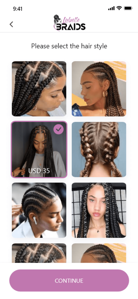 Labelle Braids - Labelle Braidsアプリの選択画面で、様々なブレイドヘアスタイルとその予約価格が表示されている様子